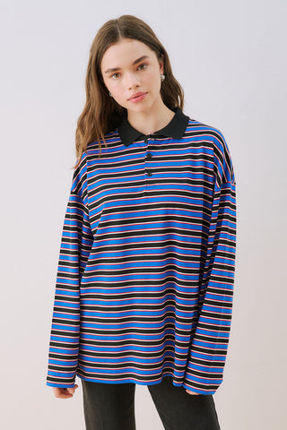 Striped Polo Collar Sweatshirt Blue