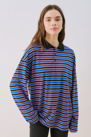 Striped Polo Collar Sweatshirt Blue