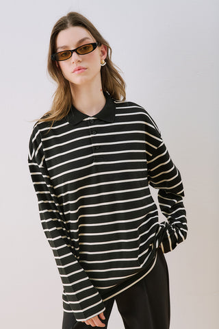 Striped Polo Collar Sweatshirt Black