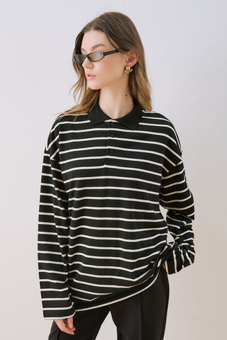 Striped Polo Collar Sweatshirt Black