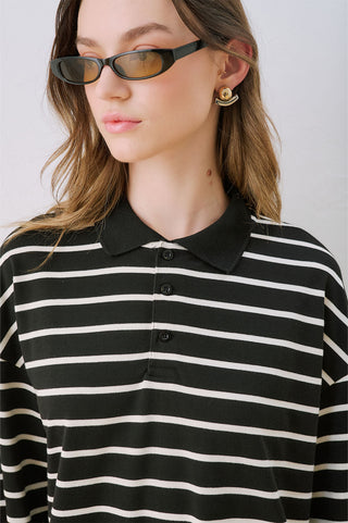 Striped Polo Collar Sweatshirt Black
