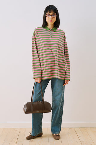 Striped Polo Collar Sweatshirt Pink