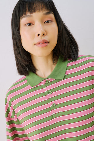 Striped Polo Collar Sweatshirt Pink