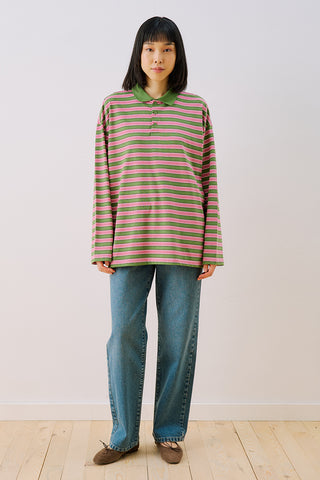 Striped Polo Collar Sweatshirt Pink