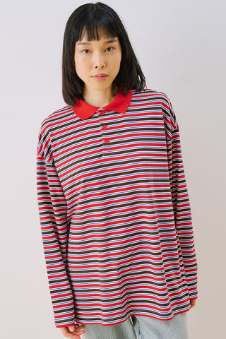 Striped Polo Collar Sweatshirt Red
