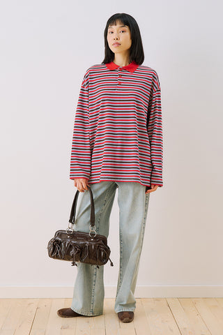 Striped Polo Collar Sweatshirt Red