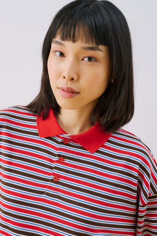 Striped Polo Collar Sweatshirt Red