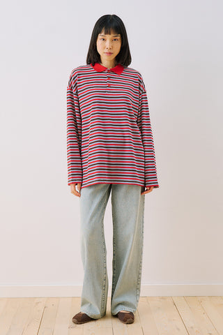 Striped Polo Collar Sweatshirt Red