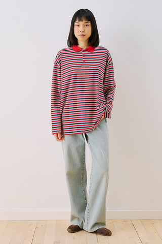Striped Polo Collar Sweatshirt Red