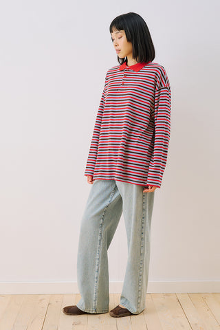Striped Polo Collar Sweatshirt Red