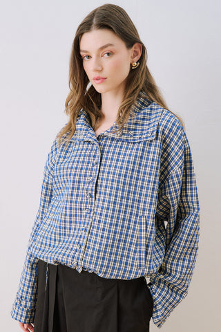 High-Neck Detail Shirt Blue Plaid
