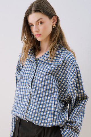 High-Neck Detail Shirt Blue Plaid