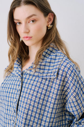 High-Neck Detail Shirt Blue Plaid