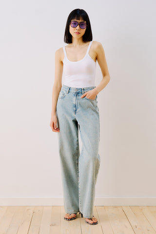 Striped Denim Straight Trousers Light Blue