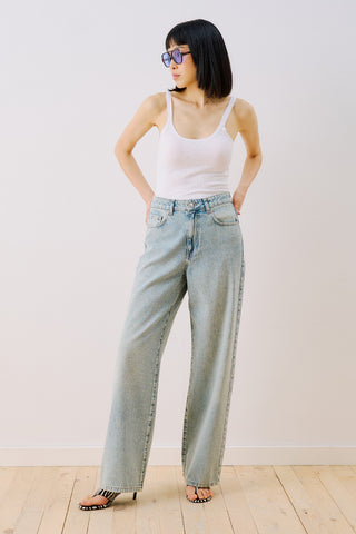 Striped Denim Straight Trousers Light Blue