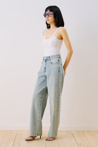 Striped Denim Straight Trousers Light Blue