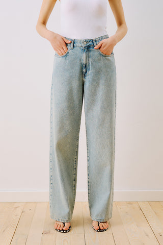 Striped Denim Straight Trousers Light Blue