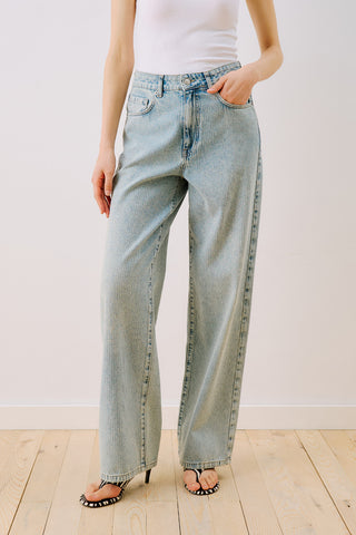 Striped Denim Straight Trousers Light Blue