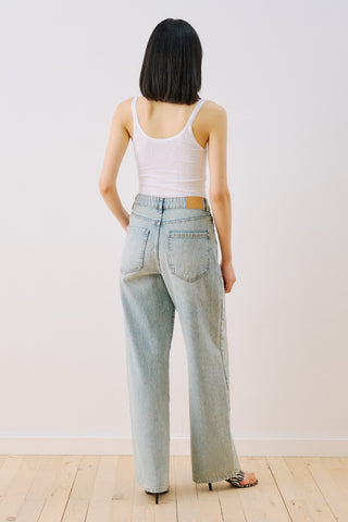 Striped Denim Straight Trousers Light Blue