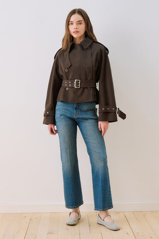 Belted Short Trench Coat Dark Brown