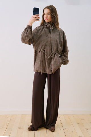 Checked Jacket With Ruched Detail Brown