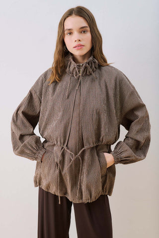 Checked Jacket With Ruched Detail Brown