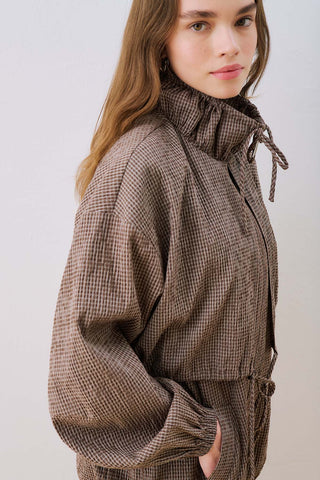 Checked Jacket With Ruched Detail Brown