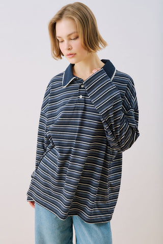 Sweatshirt With Striped Collar Detail Navy Blue