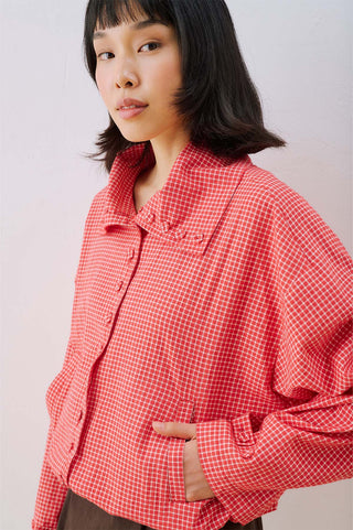 High-Neck Detail Shirt Red Plaid