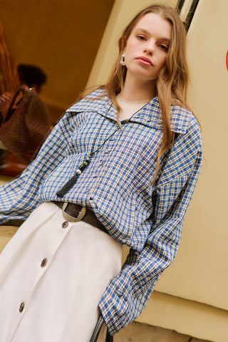 High-Neck Detail Shirt Blue Plaid
