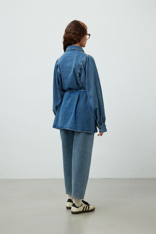 Balloon Sleeve Denim Shirt Blue