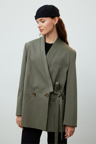 Double Breasted Wrap Tie Side Blazer Khaki