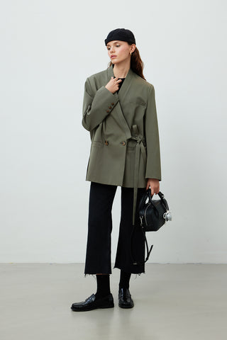 Double Breasted Wrap Tie Side Blazer Khaki