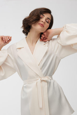 Satin Double-Breasted Kimono With Wide Collar Pearl