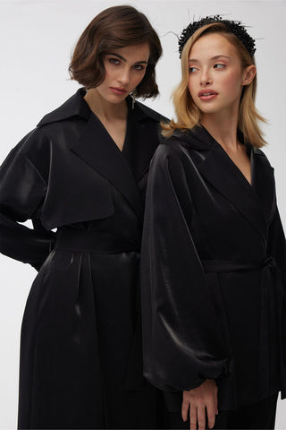Organza Double-Breasted Trench Coat Black