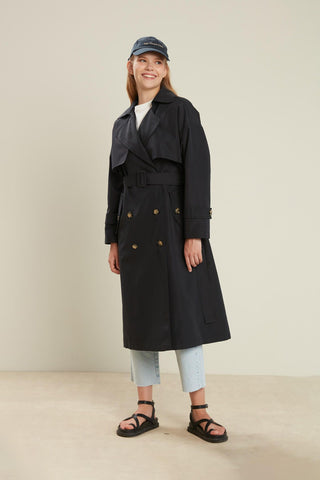 Double-Breasted Trench Coat With Buttons Dark Navy Blue