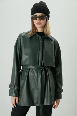 Trench Style Leather Shirt Green