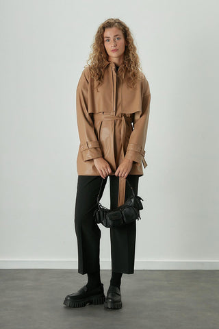 Trench Style Leather Shirt Camel