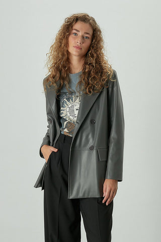 Double-Breasted Leather Blazer Jacket Anthracite