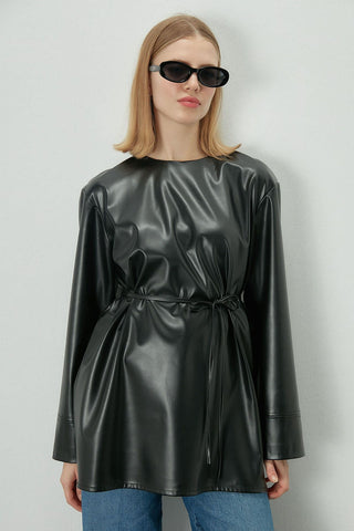 Belted Leather Tunic Black