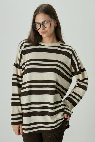Striped Oversize Knit Tunic Brown